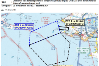 Création de trois zones réglementées temporaires (ZRT) au large du Croisic, au profit de vols hors vue d’aéronefs sans équipage à bord